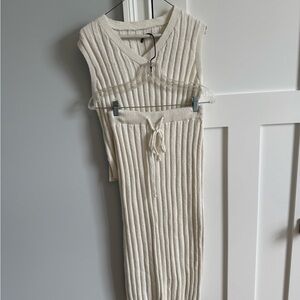 Cream Ribbed Knit Sleeveless Top and Pants Set